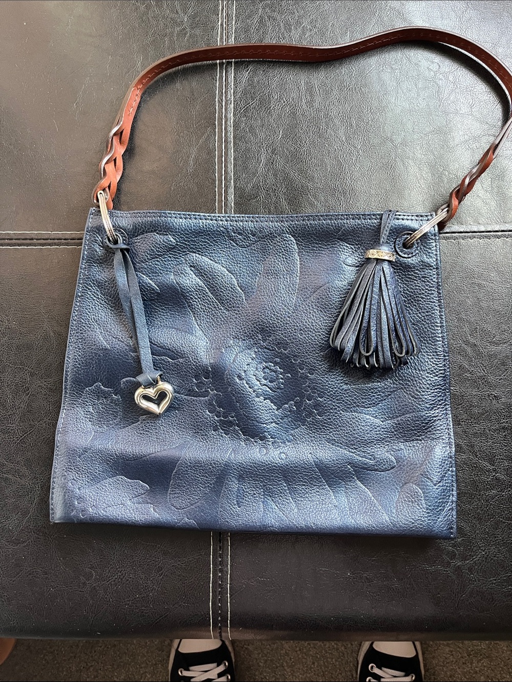 Brighton Navy Leather Shoulder Bag with Brown Braided Strap
